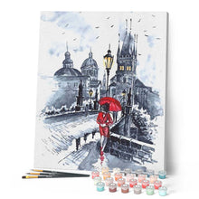 Charger l'image dans la galerie, peinture par numéros | Femme en rouge et Parapluie | intermédiaire, ville | FiguredArt