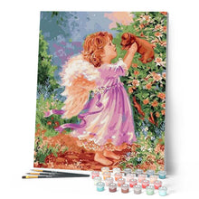Charger l'image dans la galerie, peinture par numéros | Petit Ange et chiot | animaux, chiens, intermédiaire, religion, romantique | FiguredArt