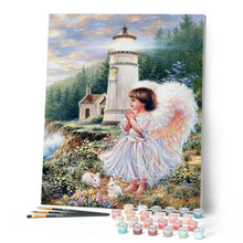 Charger l'image dans la galerie, peinture par numéros | Petit Ange près du Phare | animaux, complexe, paysages, religion, romantique | FiguredArt