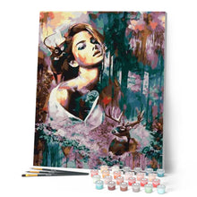 Charger l'image dans la galerie, peinture par numéros | Femme et Cerf | animaux, complexe, nouveautés, portrait, rennes et biches | FiguredArt