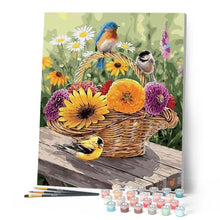 Charger l'image dans la galerie, peinture par numéros | Fleurs dans un Panier et Oiseaux | animaux, fleurs, france, intermédiaire, oiseaux | FiguredArt