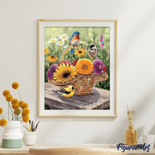 Charger l'image dans la galerie, peinture par numéros | Fleurs dans un Panier et Oiseaux | animaux, fleurs, france, intermédiaire, oiseaux | FiguredArt