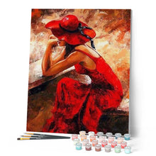 Charger l'image dans la galerie, peinture par numéros | Femme en Robe et Chapeau rouges | complexe, romantique | FiguredArt