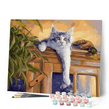 Charger l'image dans la galerie, peinture par numéros | Chat et Canard perchés | animaux, canards, chats, intermédiaire, oiseaux | FiguredArt