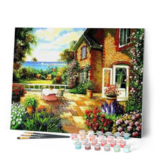 Charger l'image dans la galerie, peinture par numéros | Sur la Terrasse de maison en bord de mer | complexe, fleurs, paysages | FiguredArt