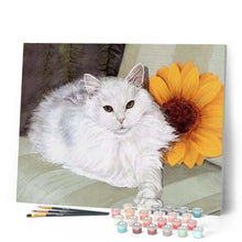 Charger l'image dans la galerie, peinture par numéros | Chat blanc et Tournesol | animaux, chats, intermédiaire | FiguredArt