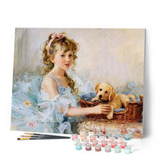 Charger l'image dans la galerie, peinture par numéros | Petite Fille et son Chiot | animaux, chiens, intermédiaire, portrait, romantique | FiguredArt