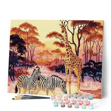 Charger l'image dans la galerie, peinture par numéros | Zèbres et Girafe au coucher du Soleil | animaux, complexe, girafes, zèbres | FiguredArt