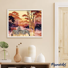 Charger l'image dans la galerie, peinture par numéros | Zèbres et Girafe au coucher du Soleil | animaux, complexe, girafes, zèbres | FiguredArt
