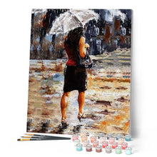 Charger l'image dans la galerie, peinture par numéros | Femme se dépéchant sous la Pluie | complexe, romantique | FiguredArt