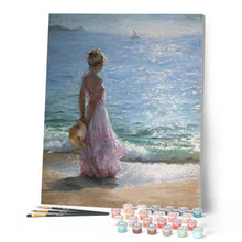 Charger l'image dans la galerie, peinture par numéros | Jeune Femme à la Plage | bateaux, intermédiaire, paysages, romantique | FiguredArt