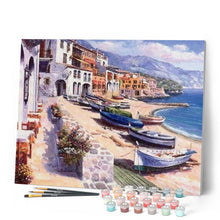 Charger l'image dans la galerie, peinture par numéros | Village méditerranéen et Barques amarrées | bateaux, complexe, paysages | FiguredArt
