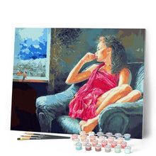 Charger l'image dans la galerie, peinture par numéros | Femme songeuse près de la Fenêtre | intermédiaire, portrait, romantique | FiguredArt