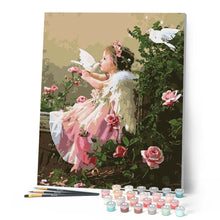 Charger l'image dans la galerie, peinture par numéros | Fillette Ange et Colombes | fleurs, intermédiaire, romantique | FiguredArt