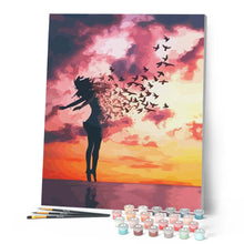 Charger l'image dans la galerie, peinture par numéros | Femme et Oiseaux au Lever du Jour | animaux, facile, nouveautés, oiseaux, paysages | FiguredArt