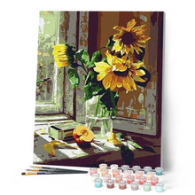 Charger l'image dans la galerie, peinture par numéros | Tournesols et Pomme devant la Fenêtre | facile, fleurs, france | FiguredArt