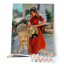 Charger l'image dans la galerie, peinture par numéros | Femme en rouge prête à s’assoir | facile, paysages, portrait | FiguredArt