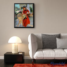 Charger l'image dans la galerie, peinture par numéros | Femme en rouge prête à s’assoir | facile, paysages, portrait | FiguredArt