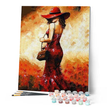 Charger l'image dans la galerie, peinture par numéros | Femme au Chapeau rouge se retournant | complexe, romantique | FiguredArt