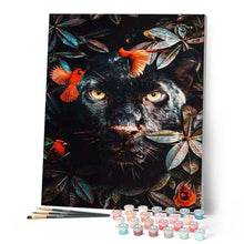 Charger l'image dans la galerie, peinture par numéros | Panthère noire Feuillage et Oiseaux | animaux, intermédiaire, nouveautés, oiseaux, panthère | FiguredArt