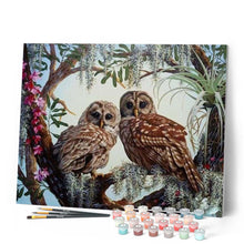 Charger l'image dans la galerie, peinture par numéros | Deux Chouettes sur une Branche fleurie | animaux, chouettes et hiboux, complexe | FiguredArt