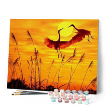 Charger l'image dans la galerie, peinture par numéros | Grues au Coucher du Soleil | animaux, facile, grues cendrées, oiseaux, paysages | FiguredArt