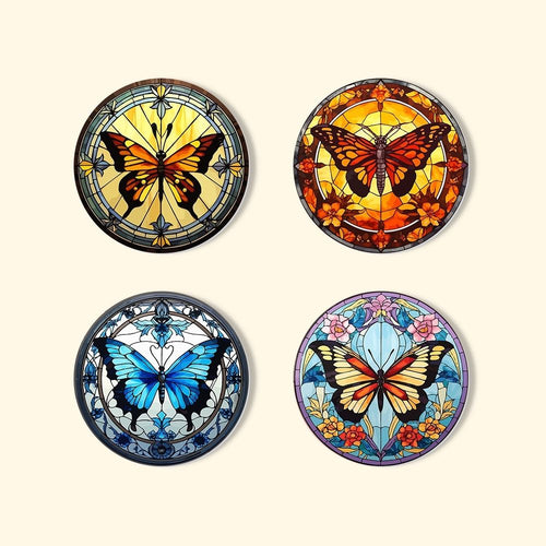 Peinture par numéros Dessous de Verre 15cm (4 pièces) - Ailes Vibrantes: Un Quatuor de Papillons