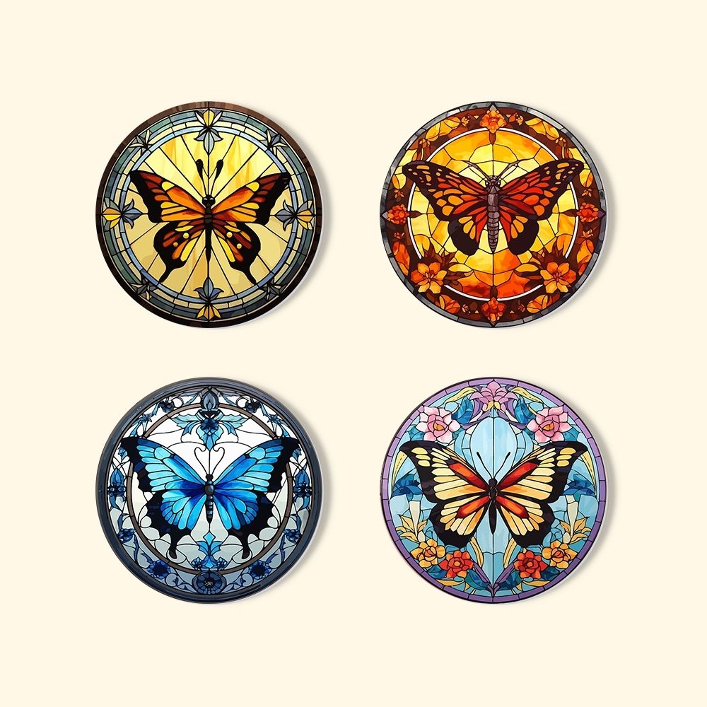 Peinture par numéros Dessous de Verre 15cm (4 pièces) - Ailes Vibrantes: Un Quatuor de Papillons