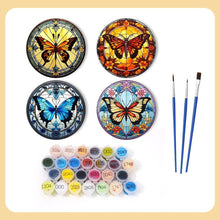 Charger l&#39;image dans la galerie, Peinture par numéros Dessous de Verre 15cm (4 pièces) - Ailes Vibrantes: Un Quatuor de Papillons