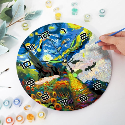 Horloge Peinture par Numéros - Nuit étoilée et Tournesols
