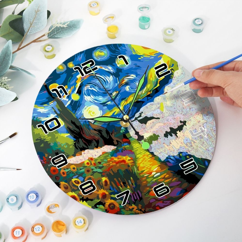 Horloge Peinture par Numéros - Nuit étoilée et Tournesols