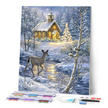 Charger l'image dans la galerie, Broderie Diamant Biche traversant la rivière en Hiver paysages hiver rennes et biches | FiguredArt