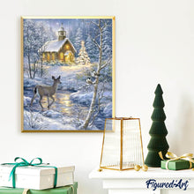 Charger l'image dans la galerie, Broderie Diamant Biche traversant la rivière en Hiver paysages hiver rennes et biches | FiguredArt