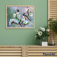 Charger l'image dans la galerie, Broderie Diamant - Petits Oiseaux et Fleurs Blanches 40x50cm toile tendue sur châssis