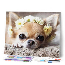 Charger l'image dans la galerie, Broderie Diamant | Broderie Diamant - Petit Chien et Couronne de Fleurs | animaux Broderie Animaux chiens fleurs | FiguredArt