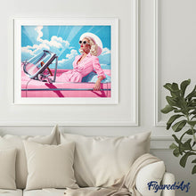 Charger l'image dans la galerie, Broderie Diamant - Diva dans une Voiture Rétro Rose 40x50cm toile tendue sur châssis