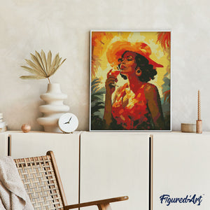 Broderie Diamant - Femme buvant un verre Art Déco 40x50cm toile tendue sur châssis