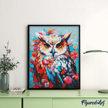 Charger l&#39;image dans la galerie, Broderie Diamant - Hibou coloré en fleurs 40x50cm toile tendue sur châssis