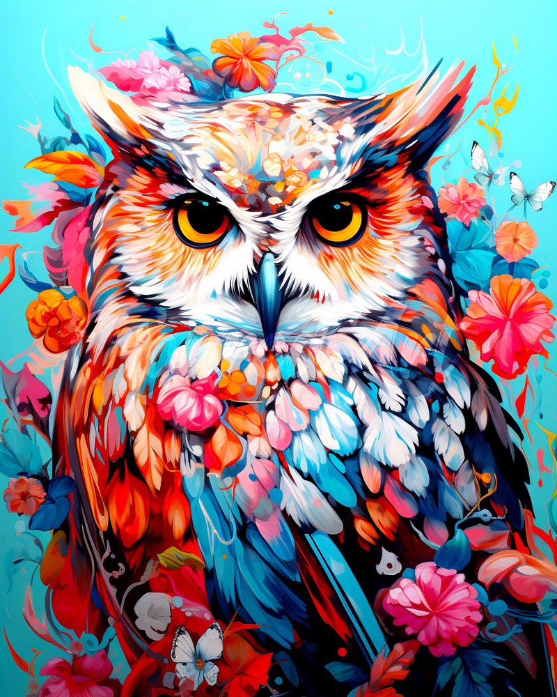 Diamond Painting - Broderie Diamant - Hibou coloré en fleurs 40x50cm toile tendue sur châssis