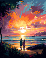 Charger l'image dans la galerie, Diamond Painting - Broderie Diamant - Couple et coucher de soleil coloré 40x50cm toile tendue sur châssis