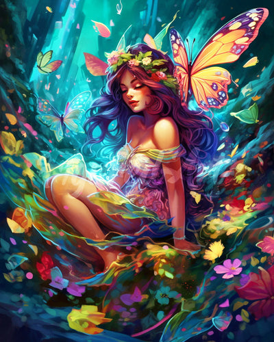 Diamond Painting - Broderie Diamant - Fée et papillons 40x50cm toile tendue sur châssis