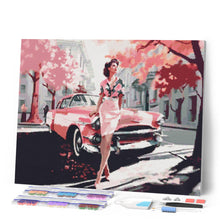 Charger l'image dans la galerie, Broderie Diamant - Femme et voiture classique rose