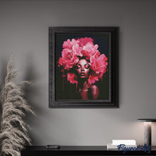Charger l&#39;image dans la galerie, Broderie Diamant - Femme aux cheveux de pivoines 40x50cm toile tendue sur châssis