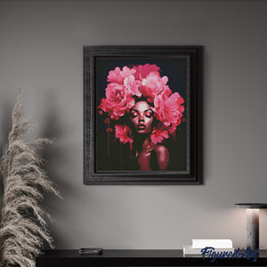 Broderie Diamant - Femme aux cheveux de pivoines 40x50cm toile tendue sur châssis