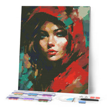 Charger l'image dans la galerie, Broderie Diamant - Femme au foulard rouge 40x50cm toile tendue sur châssis