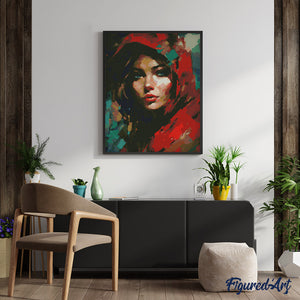 Broderie Diamant - Femme au foulard rouge 40x50cm toile tendue sur châssis