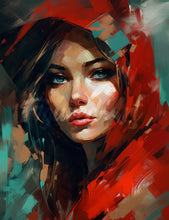 Charger l&#39;image dans la galerie, Diamond Painting - Broderie Diamant - Femme au foulard rouge 40x50cm toile tendue sur châssis