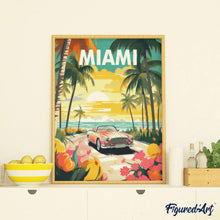 Charger l'image dans la galerie, Broderie Diamant - Affiche de voyage Miami au coucher du soleil 40x50cm toile tendue sur châssis