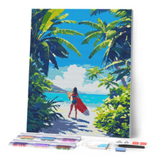 Charger l'image dans la galerie, Broderie Diamant - Paradis tropical du surf 40x50cm toile tendue sur châssis