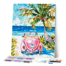 Charger l'image dans la galerie, Broderie Diamant - Voiture rose près de la mer 40x50cm toile tendue sur châssis